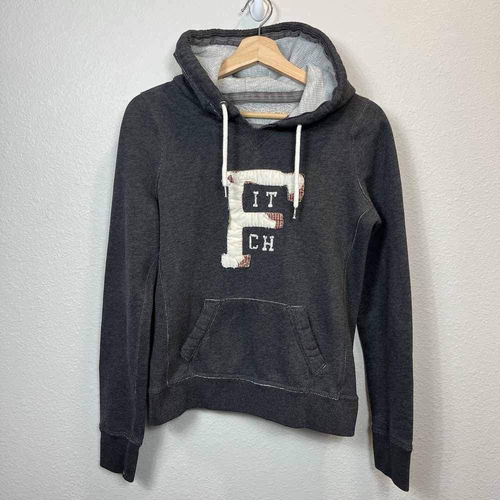 Abercrombie & Fitch Mens Charcoal Gray Patchwork Logo Hoodie Sweatshirt Size M